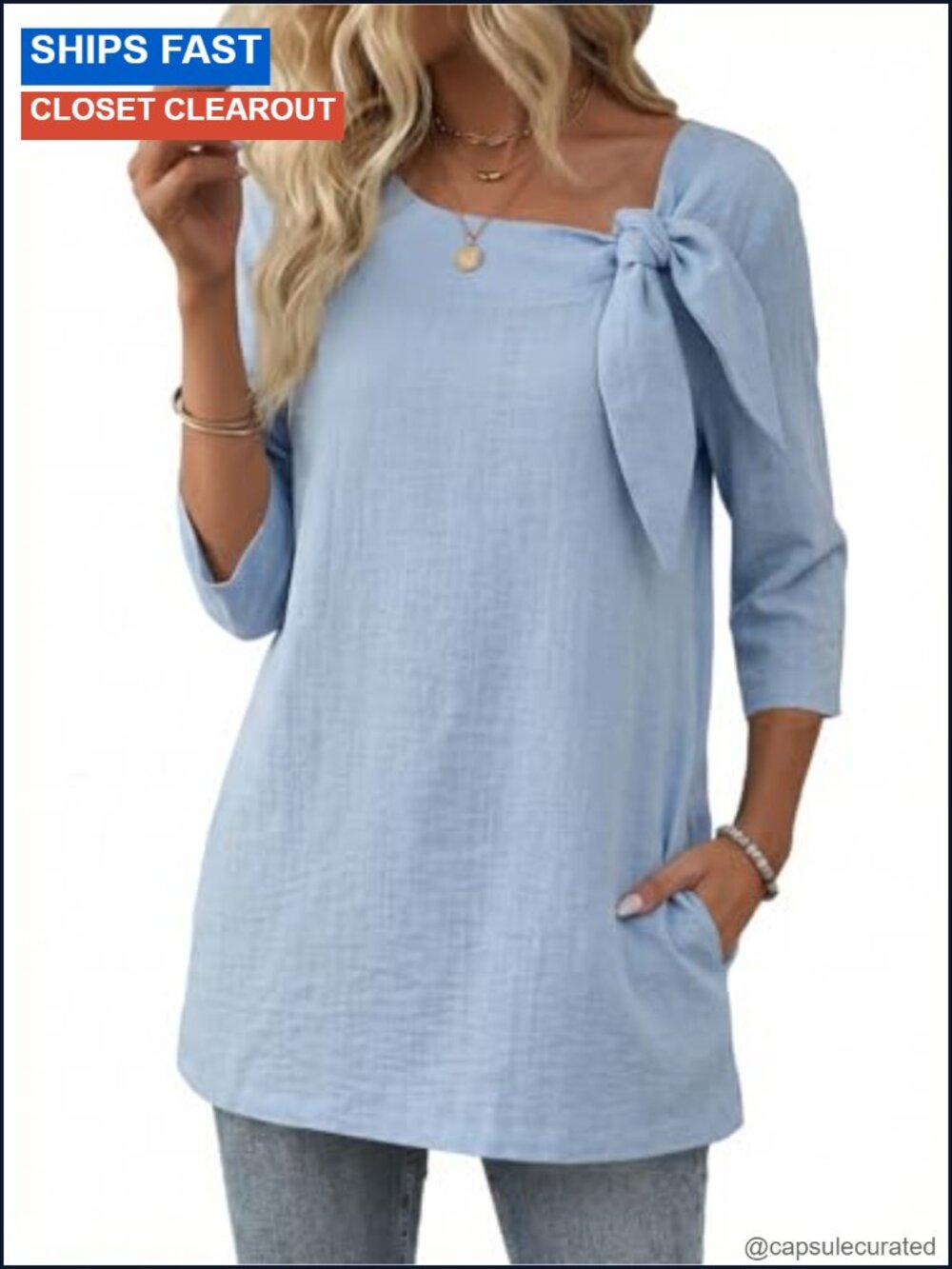 Womens Casual Tunic Top 3/4 Sleeve Linen Blouse with Pockets Bow Neck